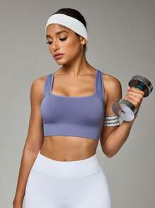 Easithlete 1pc Regular Moisture-Wicking Sports Bra, Adjustable Shoulder Strap, Basic Style, Grey-Blue - Dusty Blue - View 1