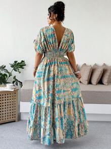 SHEIN Clasi Plus Size Women "Vacation" V-Neck Floral Print High Waist Ruffle Hem Dress - Multicolor - View 2