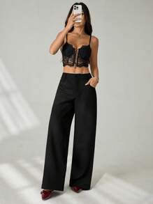 SHEIN PETITE Pantalones informales de cintura baja de color liso, moda adecuada para el verano - Negro - Ver 7