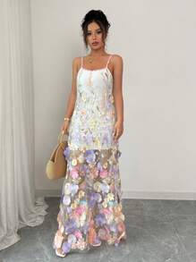 Chiquease 3D 花卉刺绣网眼长裙，彩色花卉贴花，二合一，细肩带，方领花卉蕾丝花边，露背，透视，超大 A 字形度假、节日、派对、婚礼、优雅、性感、奢华、浪漫、春/夏 - 白色 - 查看 4