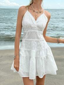 SHEIN Bubbli 2025 Vestido corto de mujer de moda con aplicaciones de encaje, vestido blanco