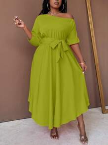 Maweii Vestido largo asimétrico tipo línea "A" con cinturón y cuello asimétrico para mujer de talla grande - Verde Oliva - Ver 1