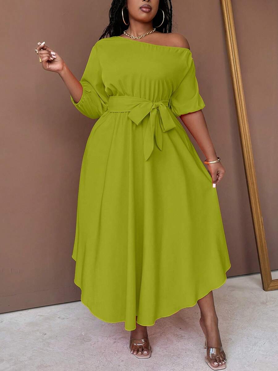 Maweii Vestido largo asimétrico tipo línea "A" con cinturón y cuello asimétrico para mujer de talla grande - Verde Oliva - Ver 1
