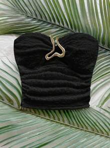 Soleia 女士度假黑色针织纹理短款抹胸，前部镂空爱心金属扣装饰，修身显瘦，适合派对、约会、下午茶、海滩、音乐节、狂欢节 - 黑色 - 查看 6