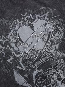 ROMWE Grunge Punk Camiseta oversize para mujer estilo vintage lavado Y2K de tela suave y borrosa con estampado retro de corazón y enredadera - Negro - Ver 2