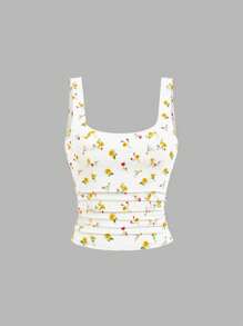 Sweetra Women's Casual Pleated Square Neck Tank Top, Summer