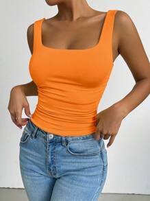 SHEIN PETITE Camiseta sin mangas de cuello cuadrado, verano, vacaciones, camiseta básica, camiseta para salir, camiseta naranja - Naranja Coral - Ver 6