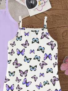 3pcs/Pack Baby Girls' Butterfly Print Strap Romper, 1 Purple, 1 Full Print, 1 Black Baby Girl Butterfly Summer Outfits - Multicolor - View 5