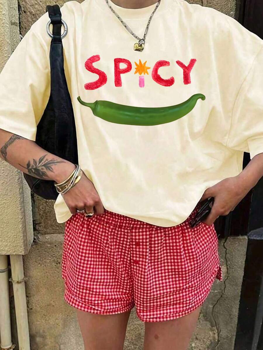 SHEIN EZwear Plus Size Women's Summer Letter & Chili Pepper Print Dropped Shoulder Casual T-Shirt