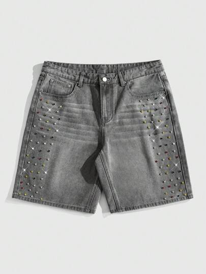 Street Life Short en denim ample à imprimé de diamants colorés pour hommes