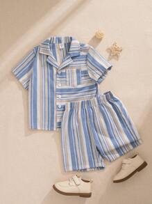 SHEIN Young Boy Summer Striped Collar Pocket Shirt And Shorts Set,Matching Family Vacation Outfit,2 Pieces Suit For Kids,Daily Outings,College,Parties,4t - Multicolor - View 3