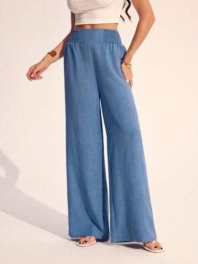 SHEIN Tall 夏季休闲度假腰头蓝色阔腿裤