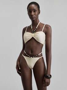 Ontre Conjunto de Traje de Banho para Mulheres de Estilo de Férias, Maiô Branco com Contas Decoradas Aleatoriamente, Maiô Preto, Conjunto de Natação de Praia, Nova Moda em 2025 - Branco - Visão 7