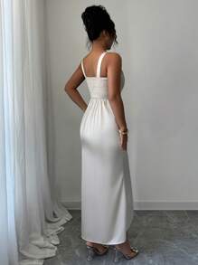 Elenzga Elegant Lady's Sweet Satin Dress + (Lace Hem Trim) - Apricot - View 2