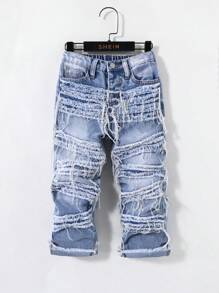 SHEIN 小男孩休闲时尚男童服装舒适宽松蓝色牛仔流苏男童裤，适合日常穿着和返校服装 - 藍色 - 查看 6
