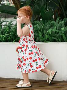 Young Girl Cherry Print Sleeveless Dress - Red - View 5