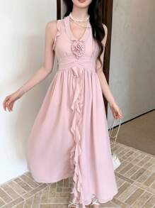 SHEIN LUNE 女款V領無袖荷葉邊裙襬收腰後背掛脖設計海灘度假洋裝，春/夏 - 粉色 - 查看 3
