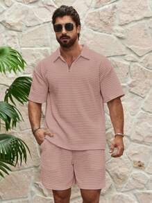 Manfinity RSRT 2pcs Men Plain Color Zipper Polo Shirt And Pocket Shorts Set