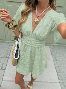 Serisse Women Solid Color Short Sleeve V-Neck Short Dress, Fashion For Summer