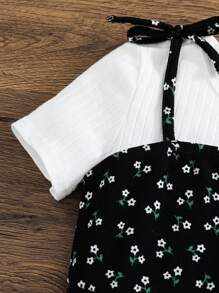 SHEIN 2 件套：年轻女孩碎花吊带背心连衣裙和 T 恤 - 黑與白 - 查看 4