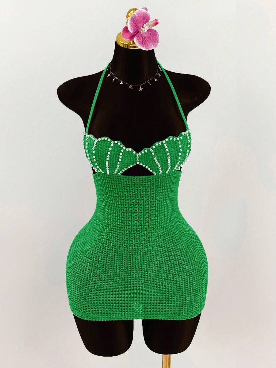 Amplova Pearl Shell Decor Backless Halter Neck Bandage Bodycon Tight Mini Dress - Green - View 1