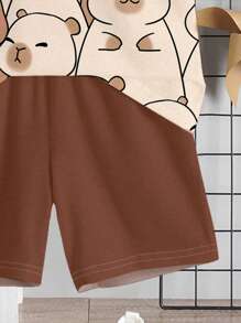 SHEIN Conjunto de 2 piezas de estilo informal para niño bebé con estampado de capibara, delfín de agua y boceto de dibujo animado, compuesto por camiseta de manga corta y pantalón corto de cuello redondo, adecuado para el verano