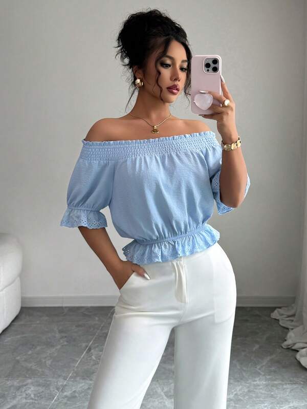 Elenzga Women's Vacation Solid Off Shoulder Short Sleeve Fashionable Blouse
