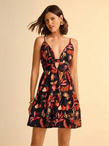 CAJUNI Holiday Leisure Pattern Print Color 's Short Dress - (The Pattern Is Randomly Cut, Each Piece Is Different) Casual Dresses For Women   Black Dress