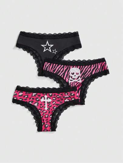 3pcs/Pack Gothic Leopard, Zebra, Star, Skull & Cross Pattern Lace Trim Triangle Panties Set