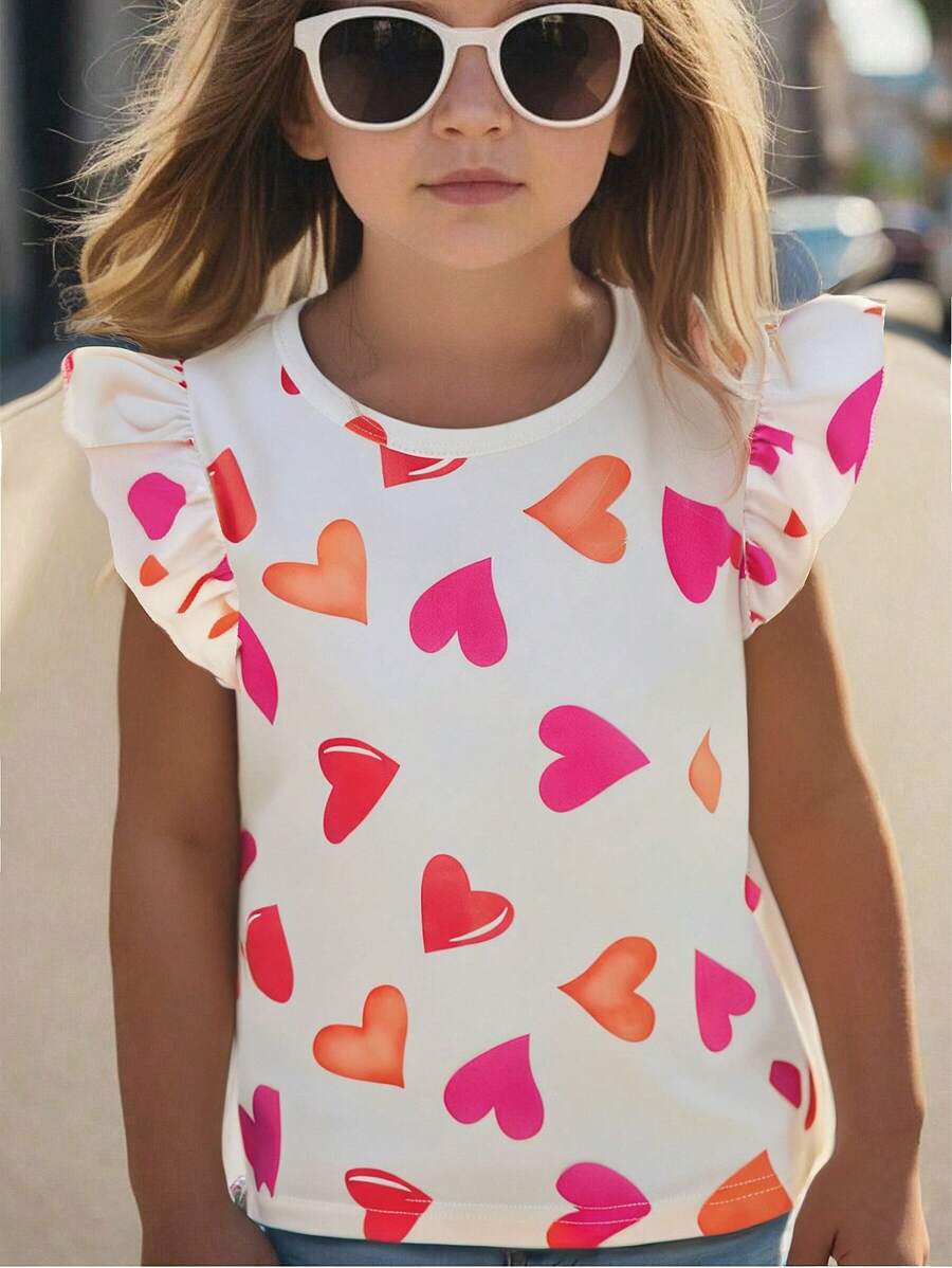 Young Girl Dopamine Color Heart Print Cap Sleeve Tank Top - Multicolor - View 1
