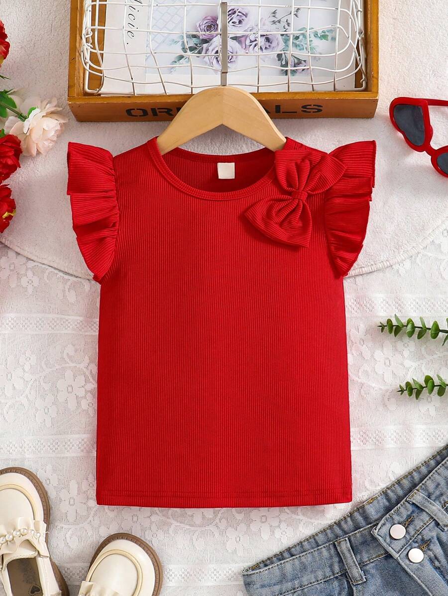 女童甜美百搭纯色罗纹盖袖圆领蝴蝶结装饰T恤，适合日常穿着、聚会、户外活动。不仅外观时尚，穿着舒适，展现女孩夏日活泼可爱的魅力。 - 紅色 - 查看 1