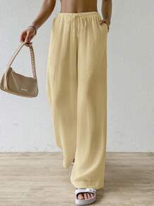 SHEIN EZwear 时尚休闲杏色女式宽松打结裤 - 杏色 - 查看 4