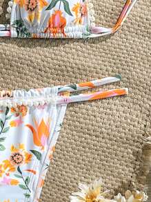 Swim Mod 2 件套女士时尚性感珍珠边拼色随机花卉印花吊带泳衣上衣和下装套装，沙滩装 - 彩色 - 查看 5