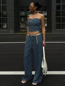 DAZY 2pcs/Set Women Summer Stripe Bandeau Top And Loose Wide Leg Jeans, Casual Denim Outfit