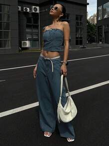 DAZY 2pcs/Set Women Summer Stripe Bandeau Top And Loose Wide Leg Jeans, Casual Denim Outfit
