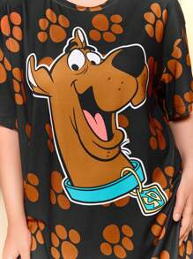 SCOOBY-DOO X SHEIN 加大码女式夏季卡通狗狗爪印落肩宽松睡裙，哞哞睡衣 - 黑色 - 查看 7