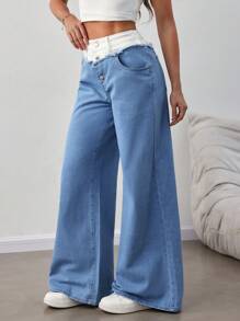 SHEIN Tall 女士牛仔裤 腰部拼接宽松阔腿裤 低腰阔腿牛仔裤 蓝色女士牛仔裤 低腰牛仔裤 宽松牛仔裤 女士宽松裤 女士夏季服装 90 年代服装 女士春季服装 Y2k 服装 - 淺色水洗藍 - 查看 4