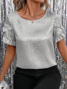 Gownix Women's Golden Foil Ruffled Short Sleeve Valentine's Day Blouse - Silver - View 4