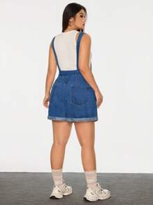 SHEIN EZwear Quần yếm denim rộng rãi in chữ có túi cỡ lớn cho nữ - Màu xanh lam - Xem 2