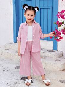 SHEIN 2pcs Young Girl Woven Striped Casual Shirt And Loose Woven Casual Pants Set - Pink - View 7