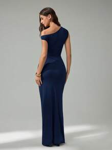 SHEIN Tall Vestido ceñido extra largo de unicolor con cuello asimétrico y drapeado para mujer