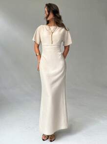 Aloruh New Minimalist Fashion Commuter Batwing Sleeve Slimming Conceal Chest Waist Ruched Dress - Khaki - View 1