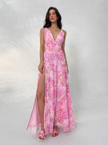Aloruh Women's Floral Print Elegant Sleeveless Dress - Pink - View 4