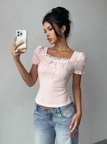 Elenzga 方领纹理蕾丝拼布蝴蝶结优雅甜美女士 T 恤，派对和节日风格/可爱夏季上衣/节日服装/夏季服装/系带前襟/荷叶边/蕾丝 - 淺粉色 - 查看 6