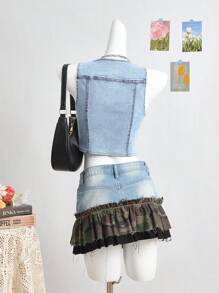 SHEIN Teen Girl Sparkling Star Rhinestone Decor Light Blue Denim Elastic Fitted Sleeveless Vest, Spring And Summer Casual Vacation Country Boho Wear