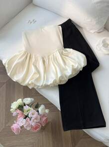INAWLY 2件套女士标准尺码纯色抹胸上衣和喇叭裤套装 - 黑色 - 查看 5