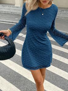 Serisse 女士纯色优雅长袖短款连衣裙，冬季派对晚礼服，蓝色 - 寶藍色 - 查看 3