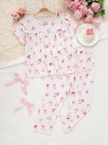 SHEIN Girls Pink Flower Printed Ruffle Trim Pajama Set