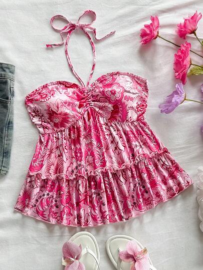 Soleia Blusa informal con cuello halter, volantes y estampado floral para mujer, ideal para vacaciones y festivales de música hippie