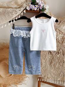 SHEIN Dziewczęcy letni nowy koreański styl uroczy zestaw, kokardka haftowana dzianinowa prążkowana kamizelka + koronkowe patchworkowe długie spodnie dżinsowe śliczny strój